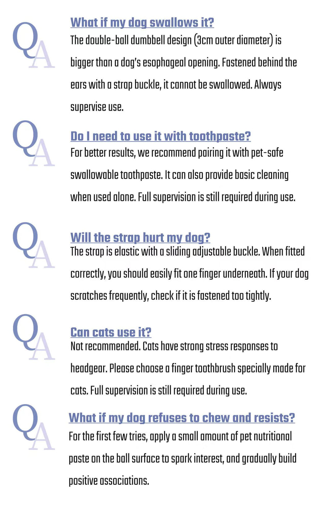 FAQ: swallowing, toothpaste, cord comfort, refusal to chew, and cats
