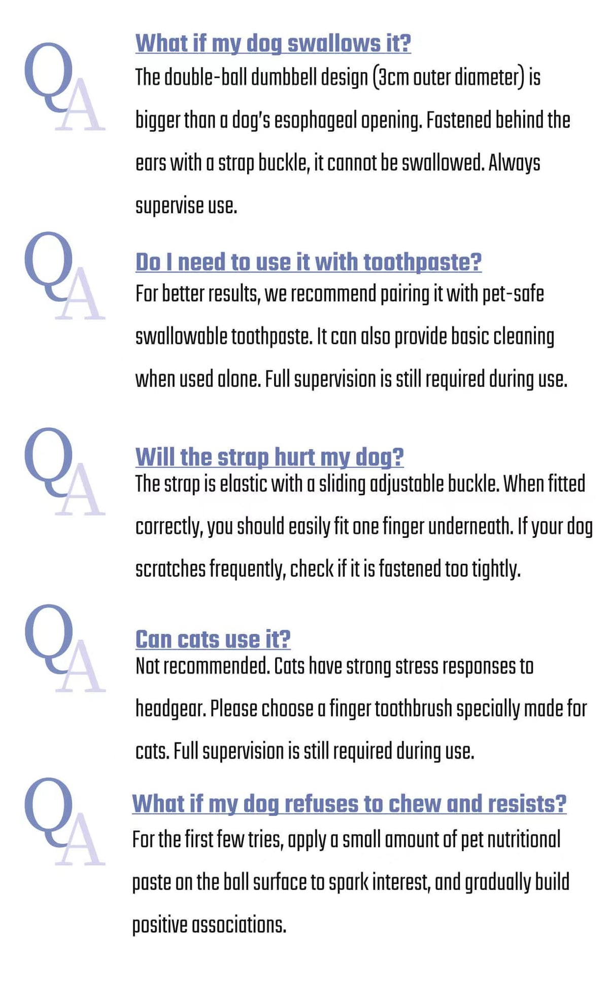 FAQ: swallowing, toothpaste, cord comfort, refusal to chew, and cats