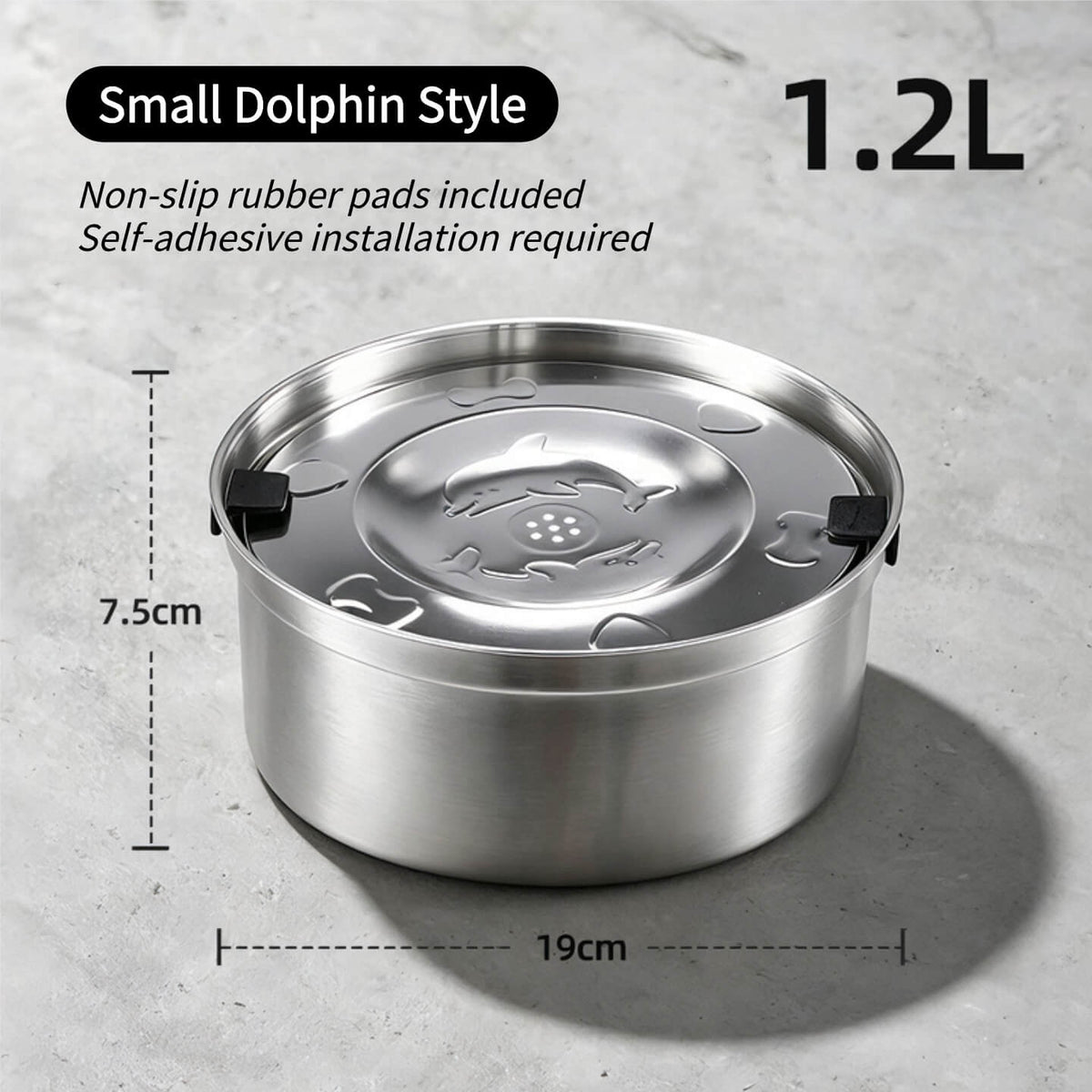 Small Dolphin style stainless steel floating water bowl dimensions: 19cm diameter, 7.5cm height, 1.2L capacity