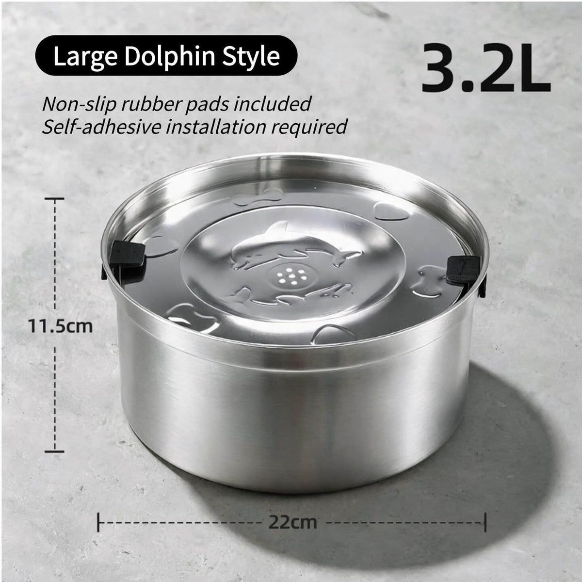 Large Dolphin style stainless steel floating water bowl dimensions: 22cm diameter, 11.5cm height, 3.2L capacity