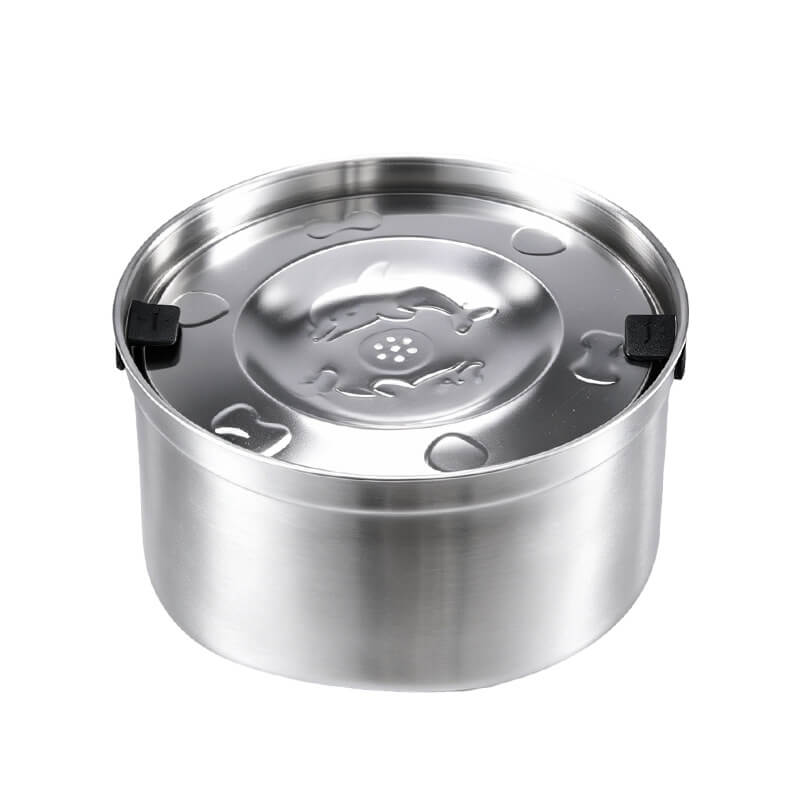 Stainless steel floating dog water bowl with dolphin-engraved lid on white background