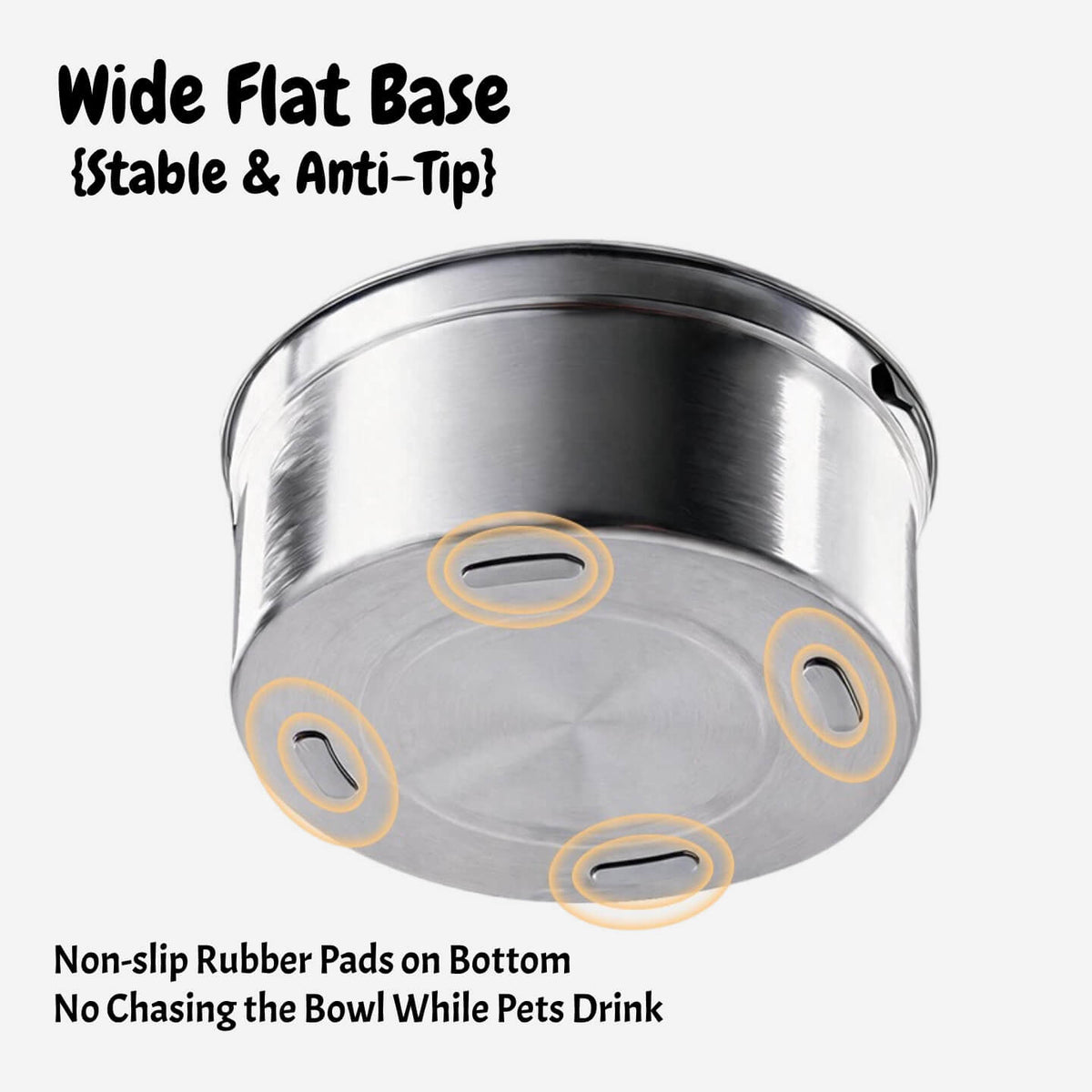 Bottom view of stainless steel water bowl showing non-slip rubber pads on a wide flat base