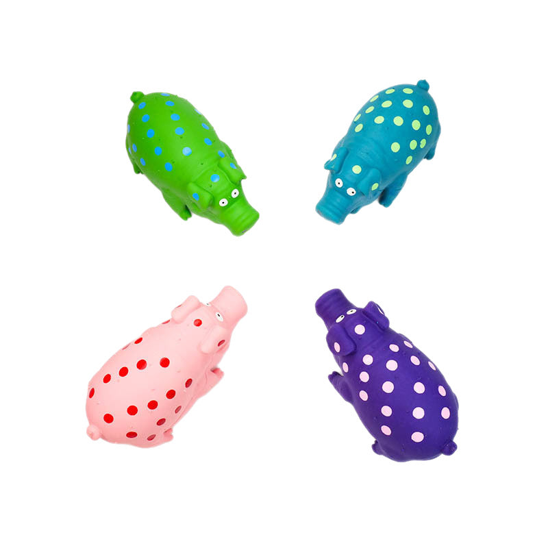 Two Squeaky Pig Dog Toys shown together in different colors