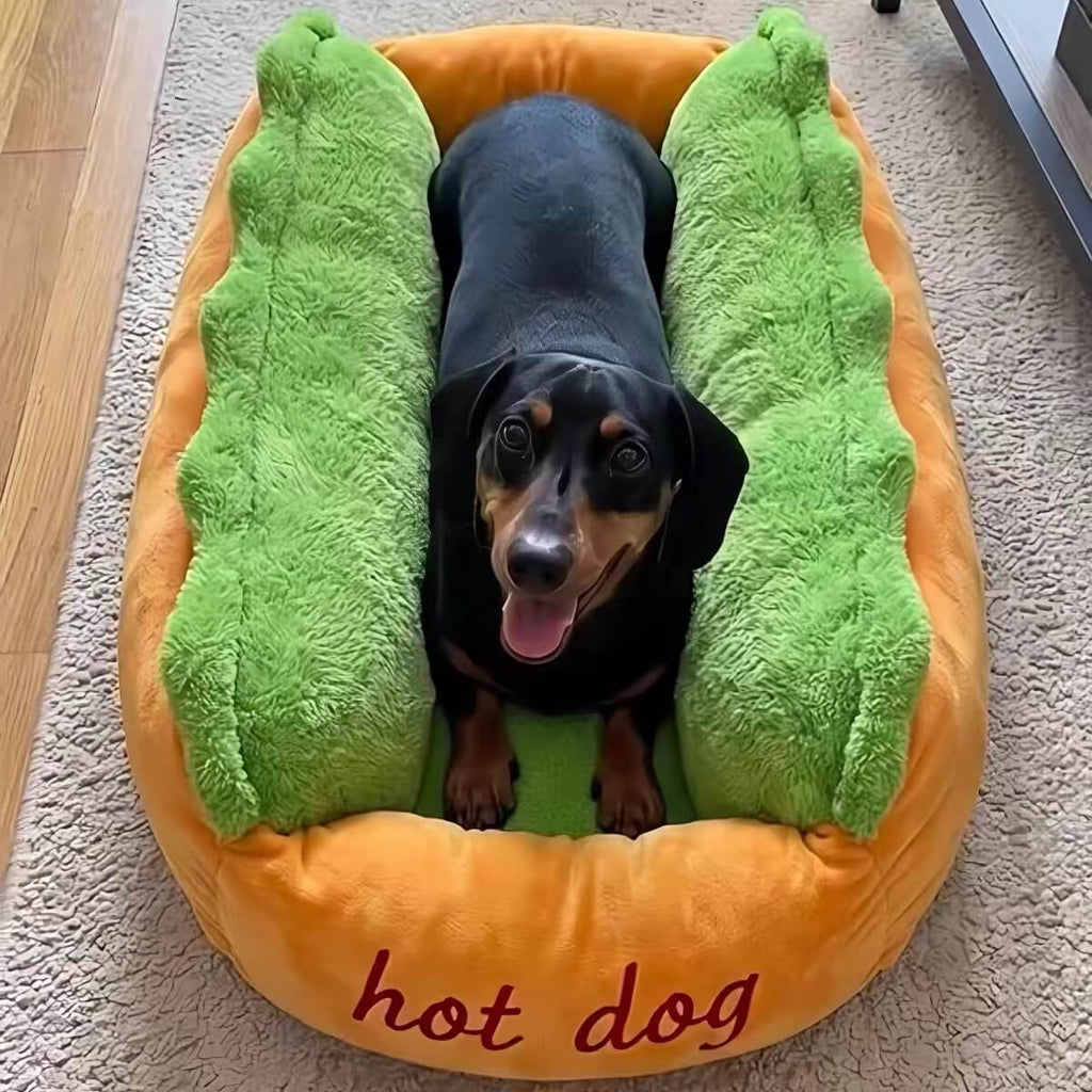 Dog resting inside the Hot-Dog Plush Pet Bed