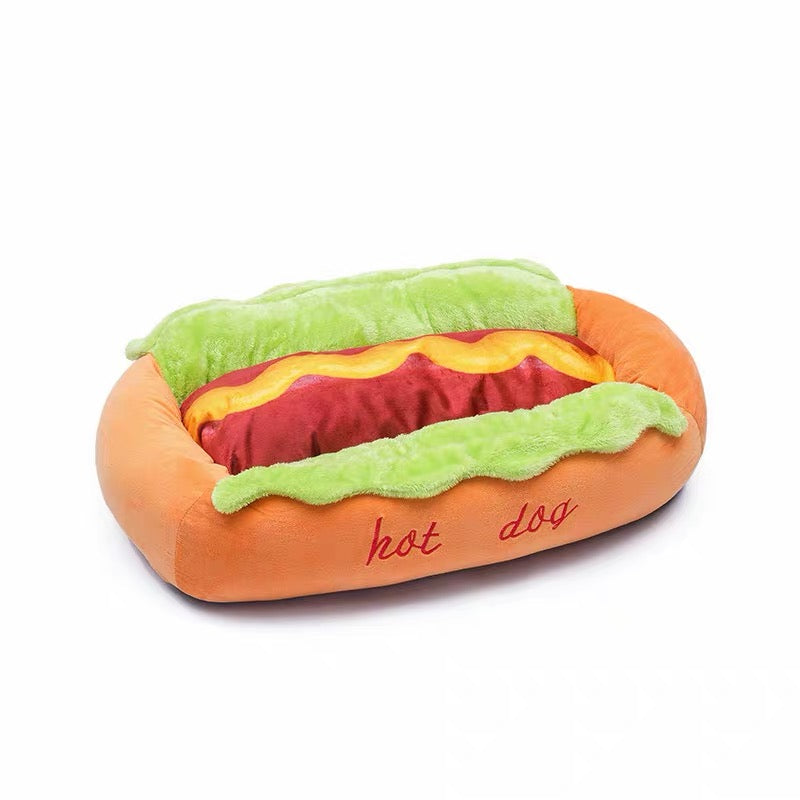 Hot-Dog Plush Pet Bed shown in a home living room setting