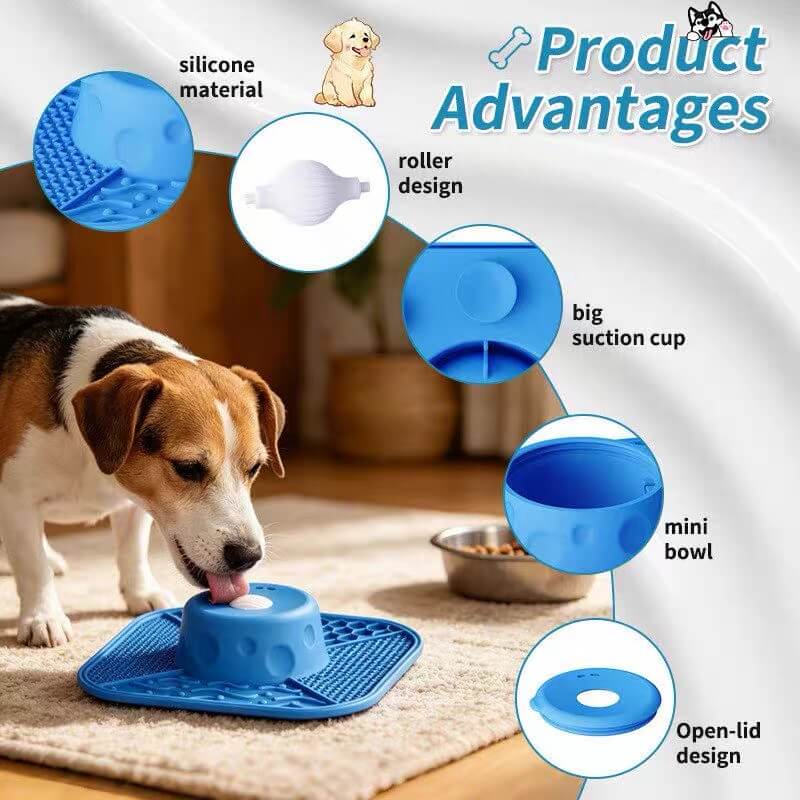 Dog licking the rotating roller of the slow feeder lick mat set