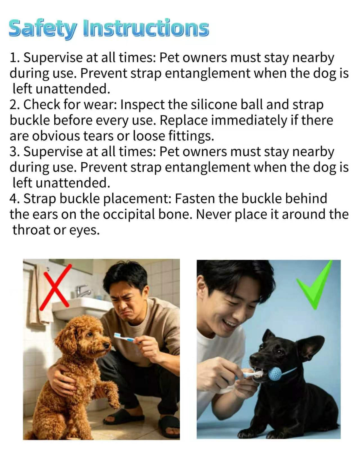 Safety instructions: supervise at all times, check for wear, and fit the cord behind the ears, never around the throat or eyes
