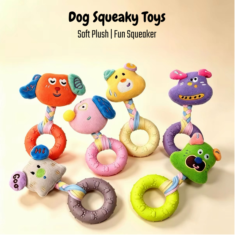 Dog Squeaky Plush Rope Ring Toy, Soft Chew Teething Toy for Puppies Small Medium Dogs - Seekey