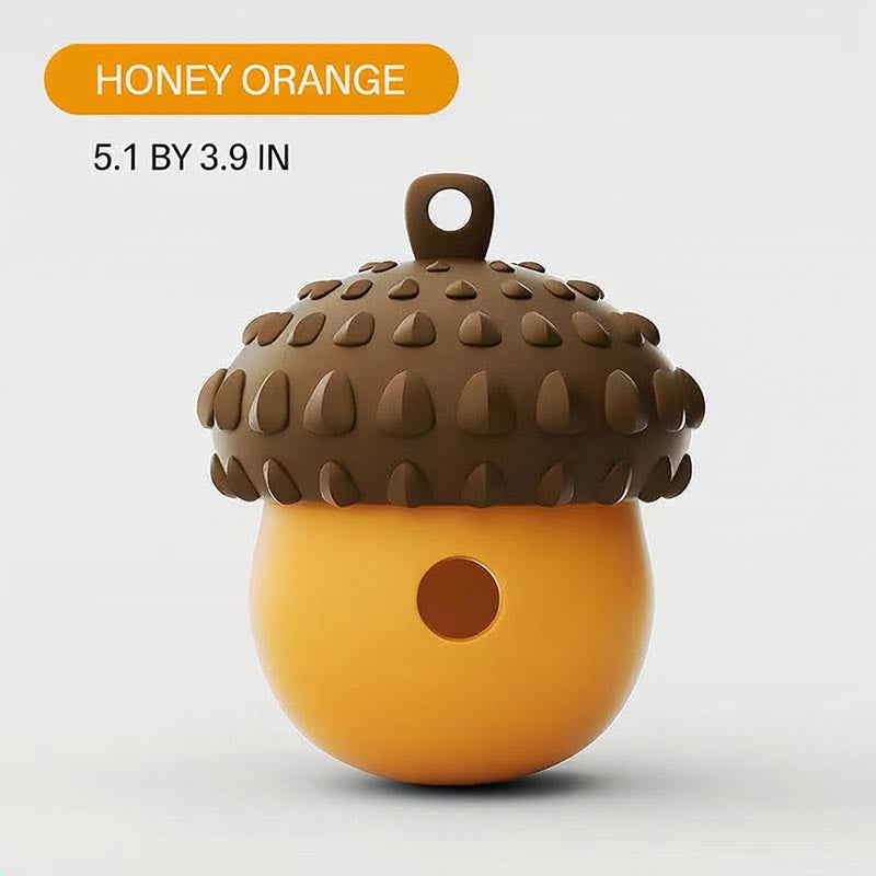 Orange acorn treat toy measuring approximately 5.1 inches tall and 3.9 inches wide