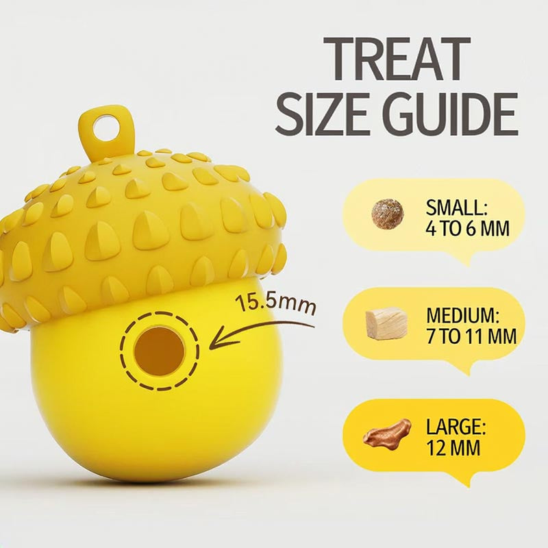 Acorn treat toy opening measures 15.5 mm; illustrated treat sizes are 4–6, 7–11, and 12 mm