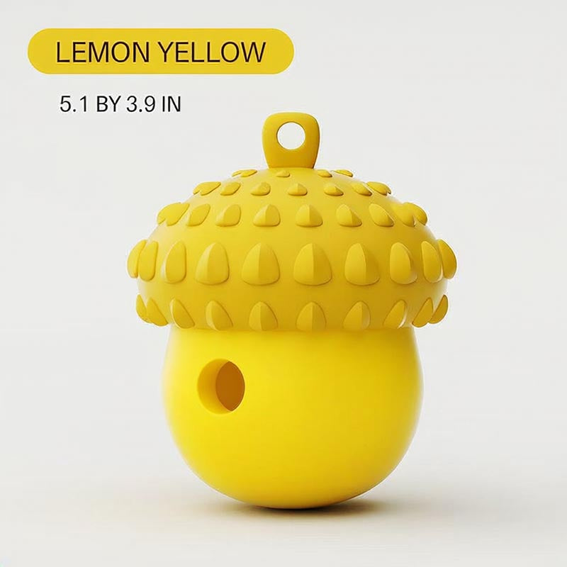 Yellow acorn treat toy measuring approximately 5.1 inches tall and 3.9 inches wide