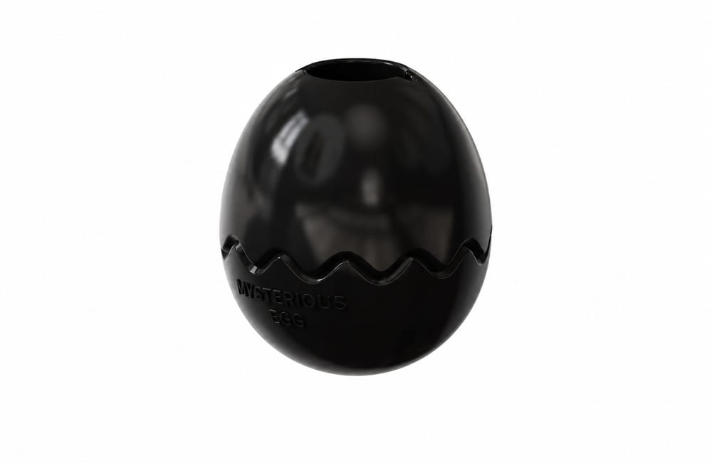 Black egg-shaped fillable dog toy on a white background