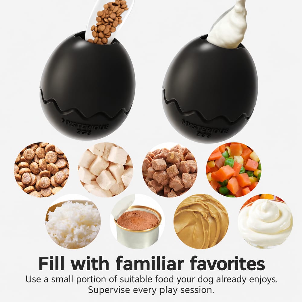 Egg-shaped toy filled with dry and soft food, with examples of filling ingredients