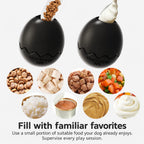 Egg-shaped toy filled with dry and soft food, with examples of filling ingredients