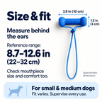 Square size guide for Seekey dog toothbrushing helper showing approximate dimensions and behind-ear measurement reference in inches and centimeters
